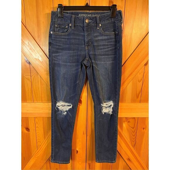 American Eagle Women's Size 0 Blue Tom Girl Distressed Dark Wash Stretch Jeans ( - Picture 1 of 7